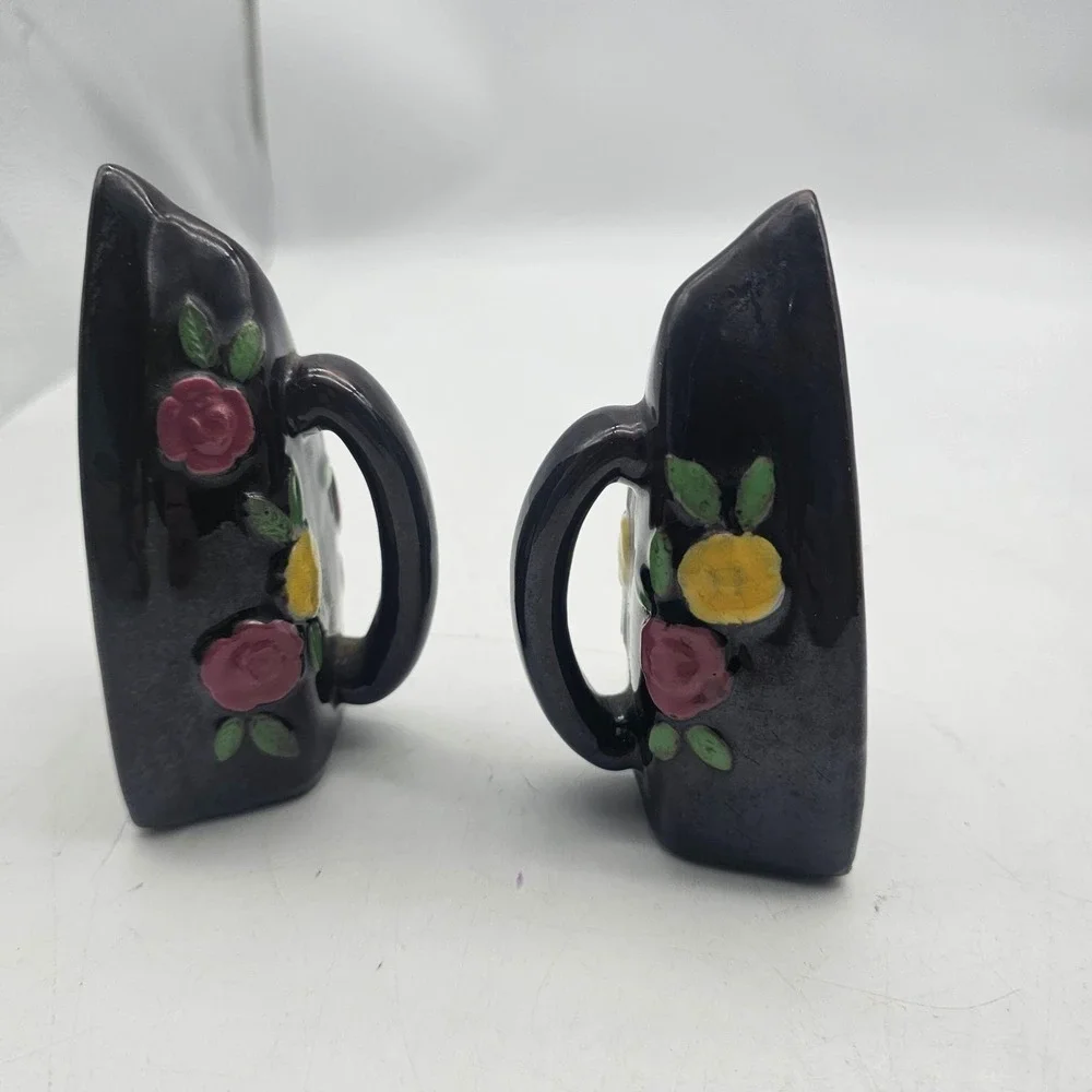 Vintage Black Ceramic Iron Salt & Pepper Shakers Floral Roses Small Set Of 2
